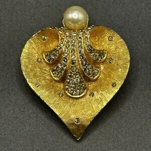 Vintage Benedikt NY Rhinestone Heart Brooch Pin Figural Burst Faux Pearl Gold Tn